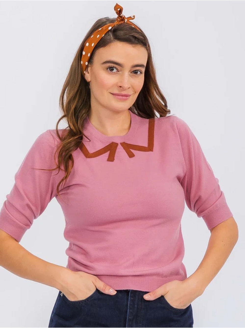 NWT Tulip B Pink Bow Collar Half Short Sleeves Viscose Knit Sweater Size L